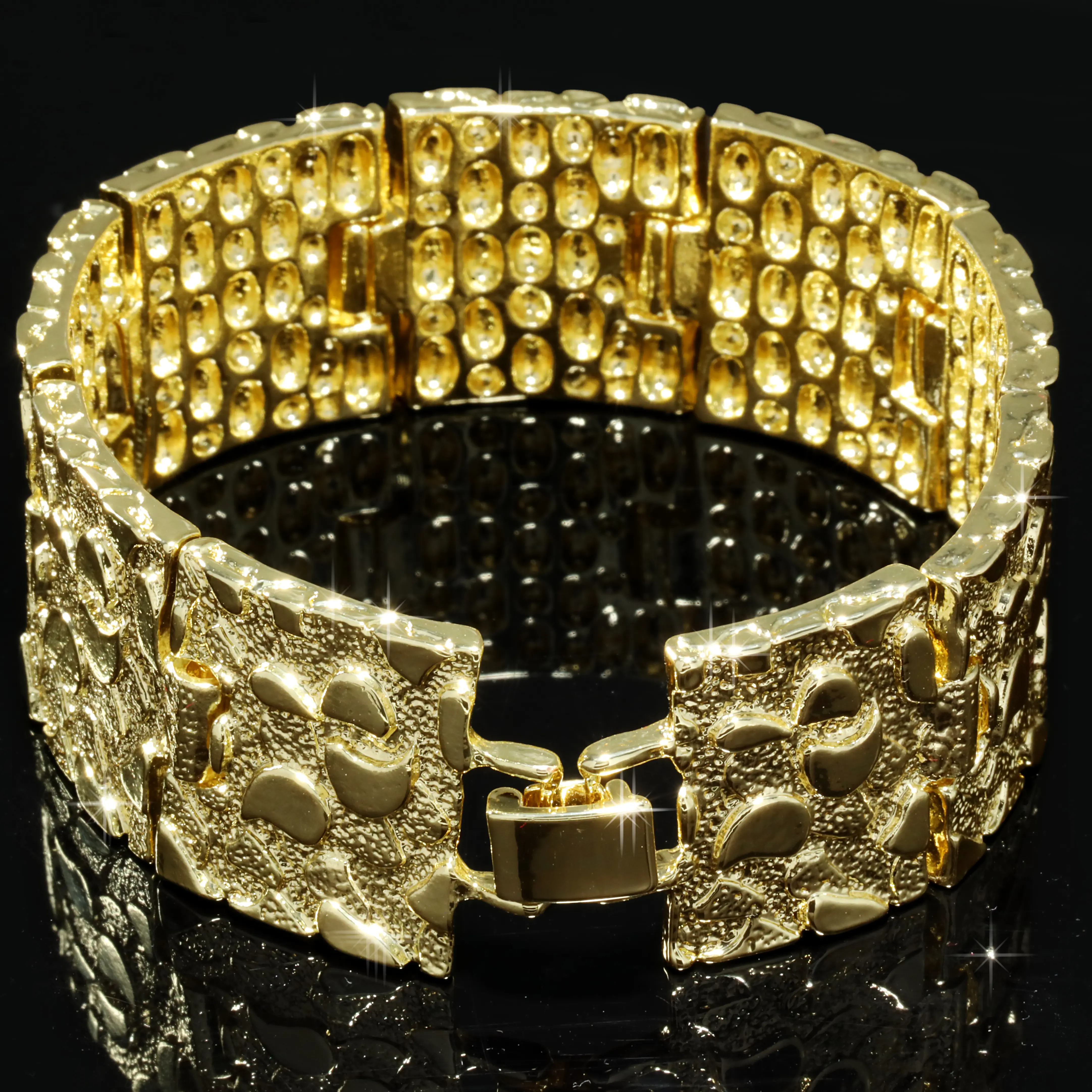 Blingkingstar | Gold Nugget Bracelet Men Boy's Women Fashion 8.5"Inch Inner Length - 25mm Wide & 4mm Thick | Real 14K Gold-Plated Heavy Bold Statement Piece Bracelet For Men's, Yellow Wrist Hip Hop Style, Father Day Gift, Accessory, Gold Chunky Bracelet
