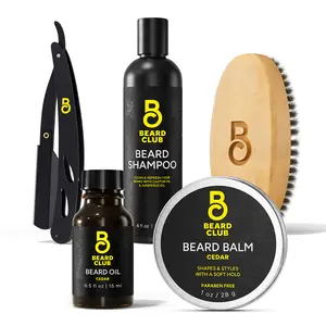 Beard Care Kit with Shampoo, Straight Edge Razor, Cedar Oil, Cedar Balm, Wood Brush