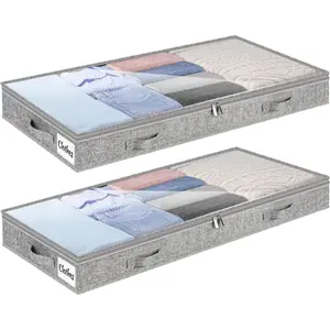 4 Inch Low Profile Under Bed Storage Drawer 2 Pack Lightweight Underbed Clothes Storage Container Bins With NO STURCTURE Shallow Storage Bag for Dorm & Home With Clear Lids & Water-Resistant Fabric