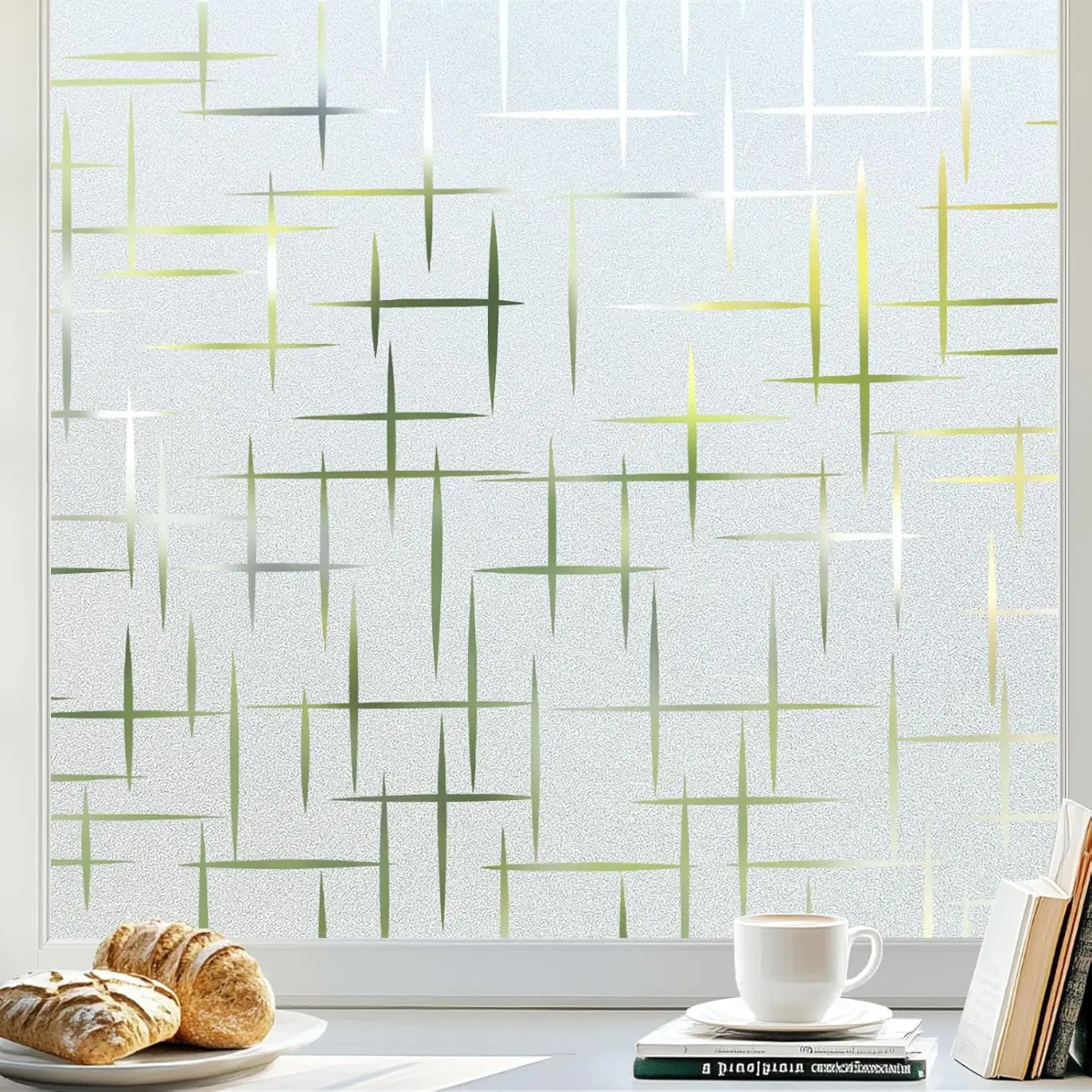 Window Privacy Film Frosted Glass Window Film, Decorative Privacy Cling, UV Blocking Staic Cling Bathroom Glass Frosting Sticker, Non-Adhesive Front Door Cover, Cross Pattern, 17.5" x 78.7"