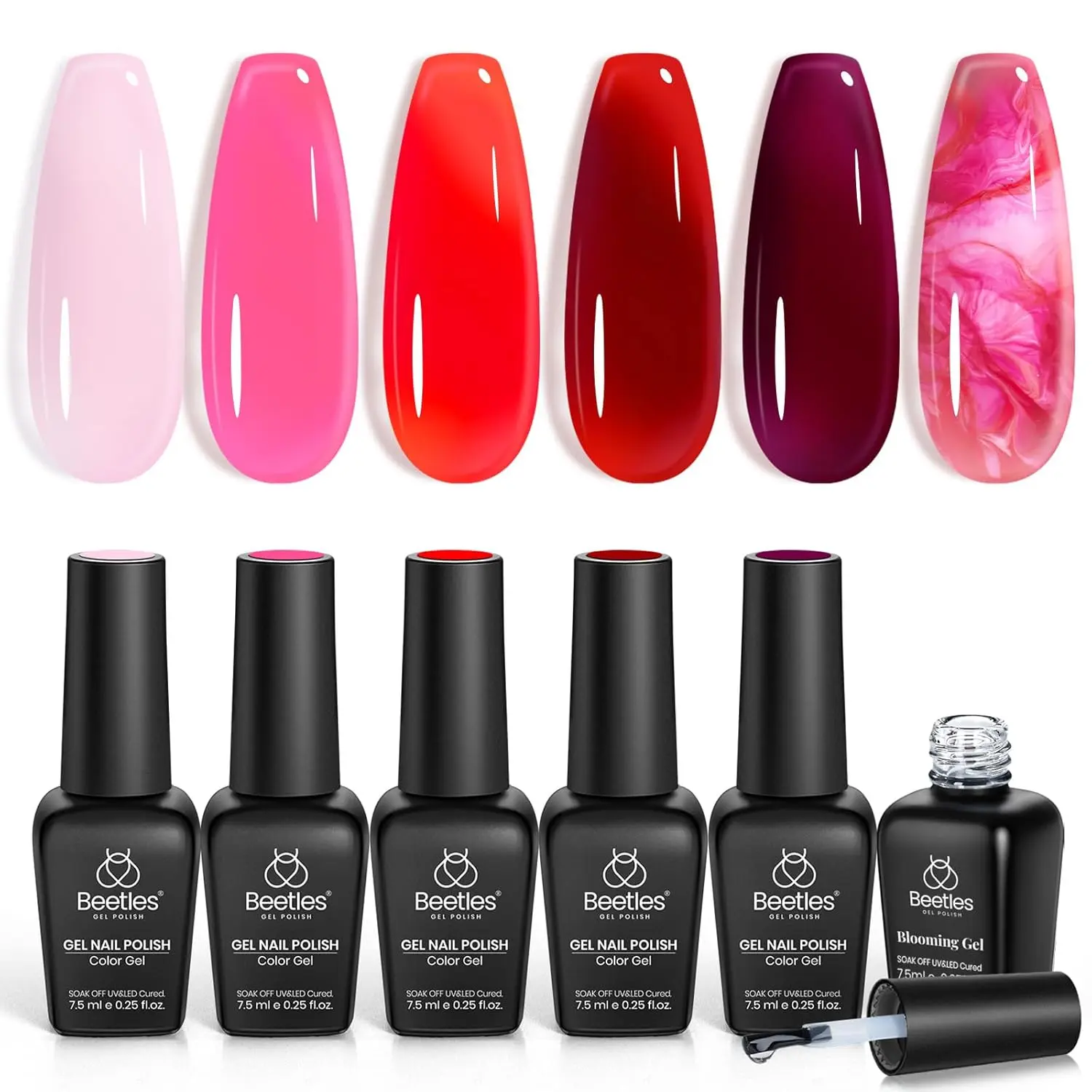 Beetles Red Gel Nail Polish Set with Blooming Gel, Cupid’s Crush 6 Colors Pink Red Jelly Gel Polish, Soak Off UV Nail Art Salon DIY at Home Gift for Women