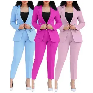 Women’s business suit set from manufacturers featuring slim pants and a blazer; ladies’ office formal wear; comfortable minimalist design with long sleeves