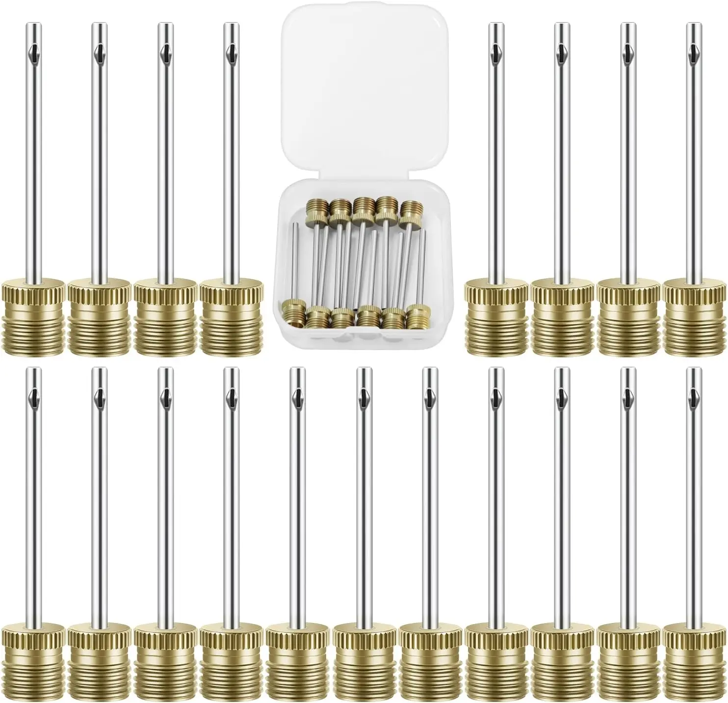 20 Pack Ball Pump Needles, Heavy-Duty Brass and Stainless Steel Inflation Pins with Universal Fit, Dual Port Tip for Fast Inflation of Sports Balls, Includes Storage Case