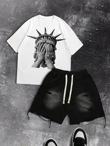 Men's short-sleeved T-shirt and shorts set, Clothes, Streetwear. Includes printed crew-neck T-shirt with Statue of Liberty print and distressed ripped shorts with spray-painted design