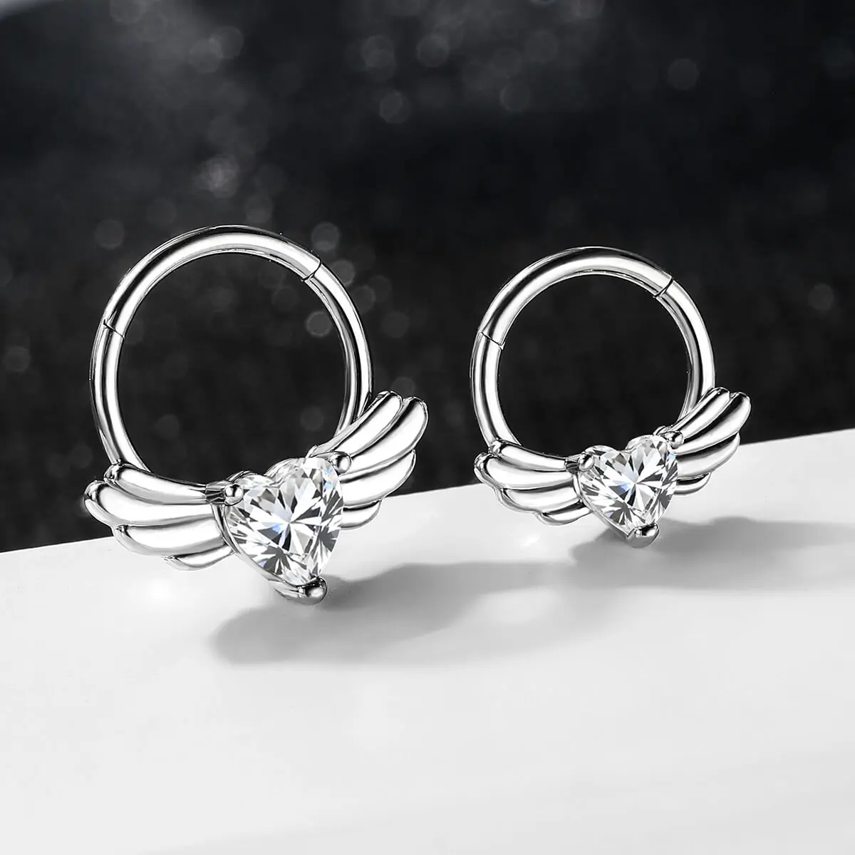 OUFER 16G Angel Wing Heart CZ Septum Ring, Hinged Segment Clicker Body Jewelry for Septum Piercing, Clicker Hinge