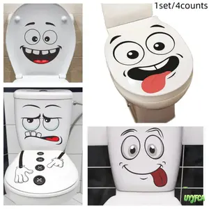 4pcs Cartoon Funny Face Toilet Stickers Set - Waterproof Self-Adhesive Bathroom Seat & Trash Can Decals, Removable Silly Expression Wall Decor for Home Indoor Recreation Summervibes,summerwins