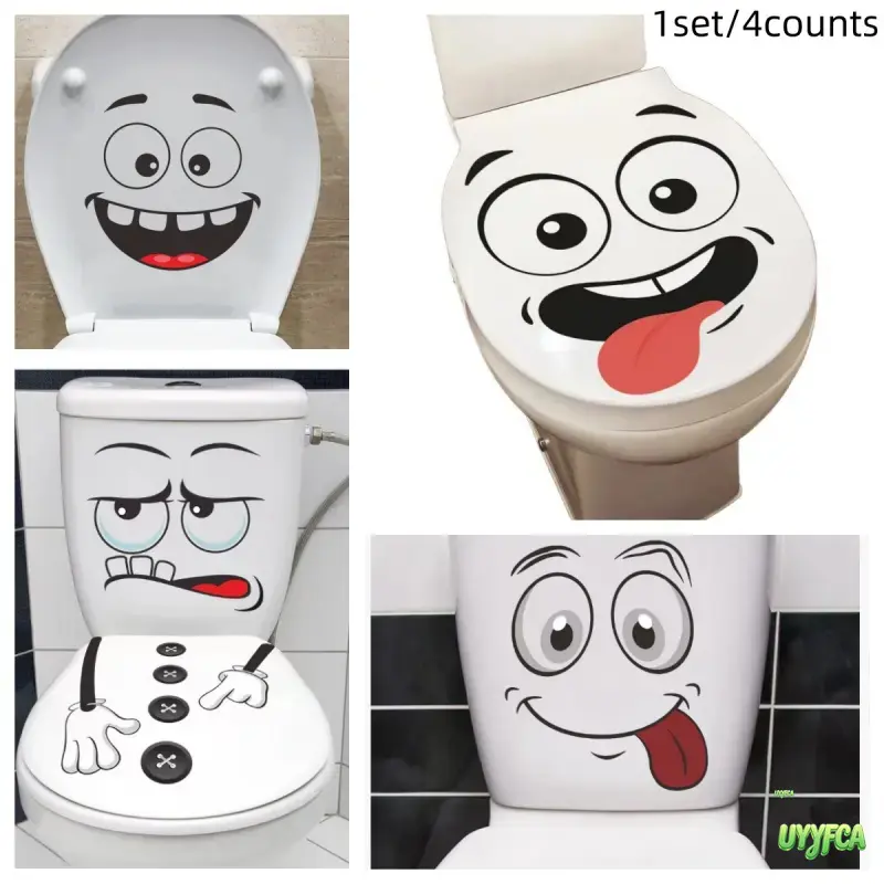 4pcs Cartoon Funny Face Toilet Stickers Set - Waterproof Self-Adhesive Restroom Accessories, Playful Bathroom Decals for Seat & Trash Can, Removable Toilet Seat Humor Wall Decor for Home, Enhance Home Decor, Fun And Functional, 4 Sheets, Cartoon Faces