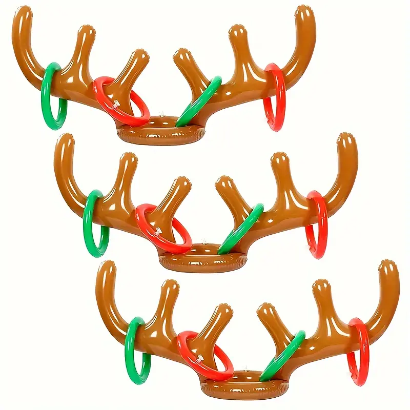Qiumansui 3-Pcs Unisex Plastic Christmas Reindeer Antler Ring Toss Game Set - Inflatable Holiday Target Toy, Goodie Bag Stuffer, Outdoor Safe Indoor/Outdoor Party Favor for Kids
