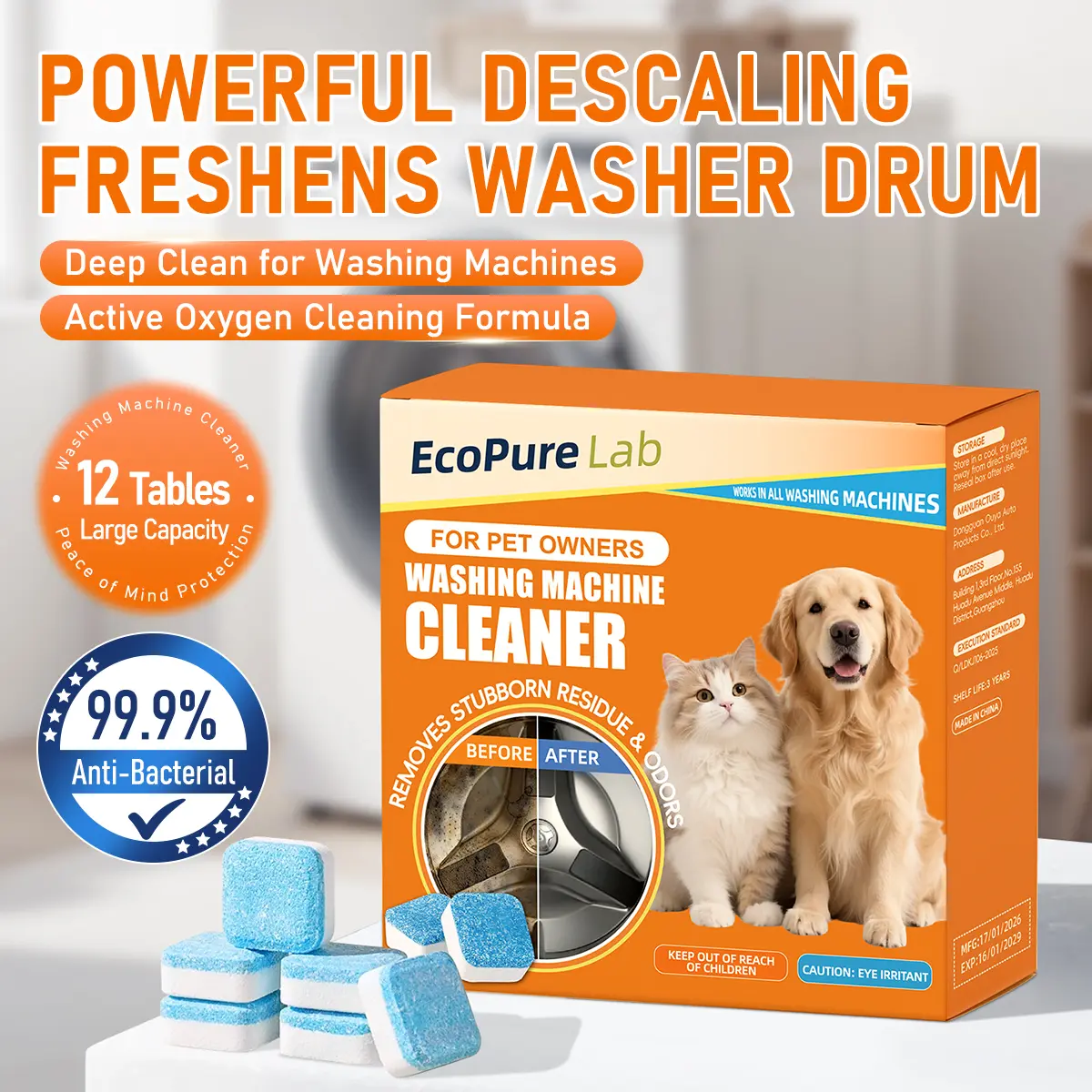 EcoPure Lab Washing Machine Cleaner Descaler  Deep Cleaning Tablets For HE Front Loader & Top Load Washer, Septic Safe Eco-Friendly Deodorizer, Clean Inside Drum And Laundry Tub Seal - 12 Month Supply Multifunction Strong Deodorization