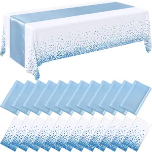 16 Packs Baby Blue and White Disposable Plastic Tablecloths and Satin Table Runner Set, 54 x 108 Inch Tablecloth, 12 x 108 Inch Table Runners for Wedding Graduation Birthday Baby Shower