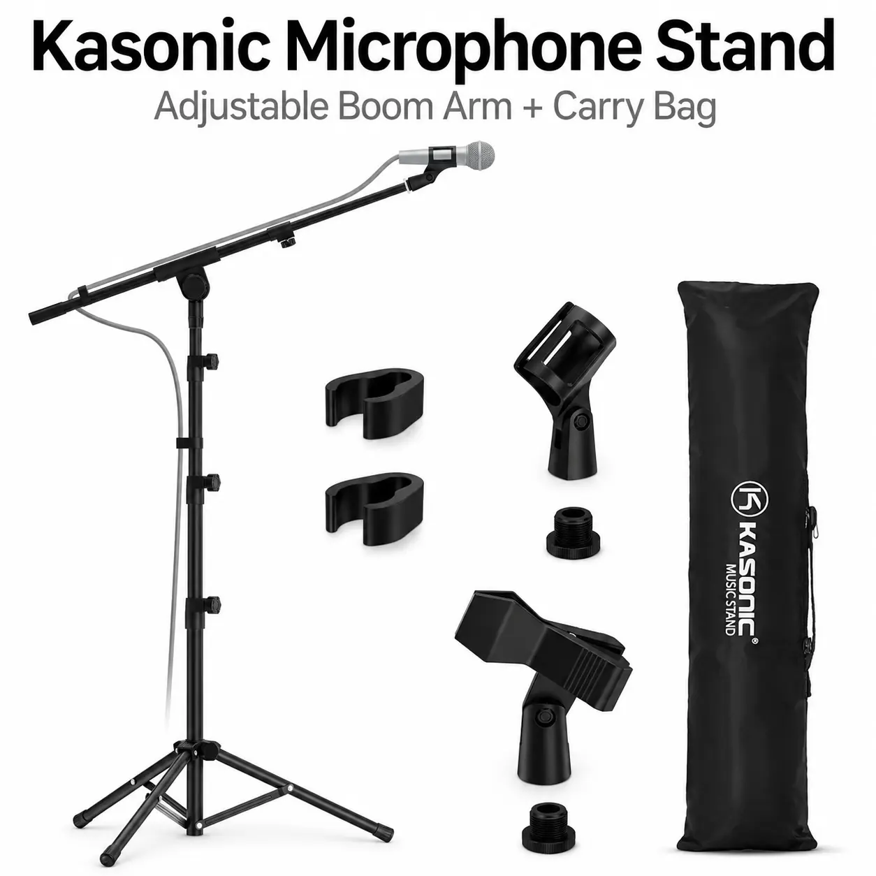 K KASONIC Microphone Stand with Boom Arm, Adjustable Tripod Boom Mic Stand with Carry Bag, Portable Floor Mic Stand for Singing, Karaoke, Podcast, Recording, Stage and Home Studio