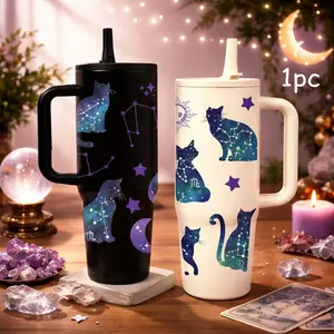 40oz Insulated Tumbler With Handle, Galaxy Cat Constellation Print Thermal Mug, Celestial Astrology Design, Double Wall Vacuum Cup For Hot Cold Drinks, Car Cup Holder Friendly, Insulated Stainless Steel, Birthday Gift For Women Cat Lovers