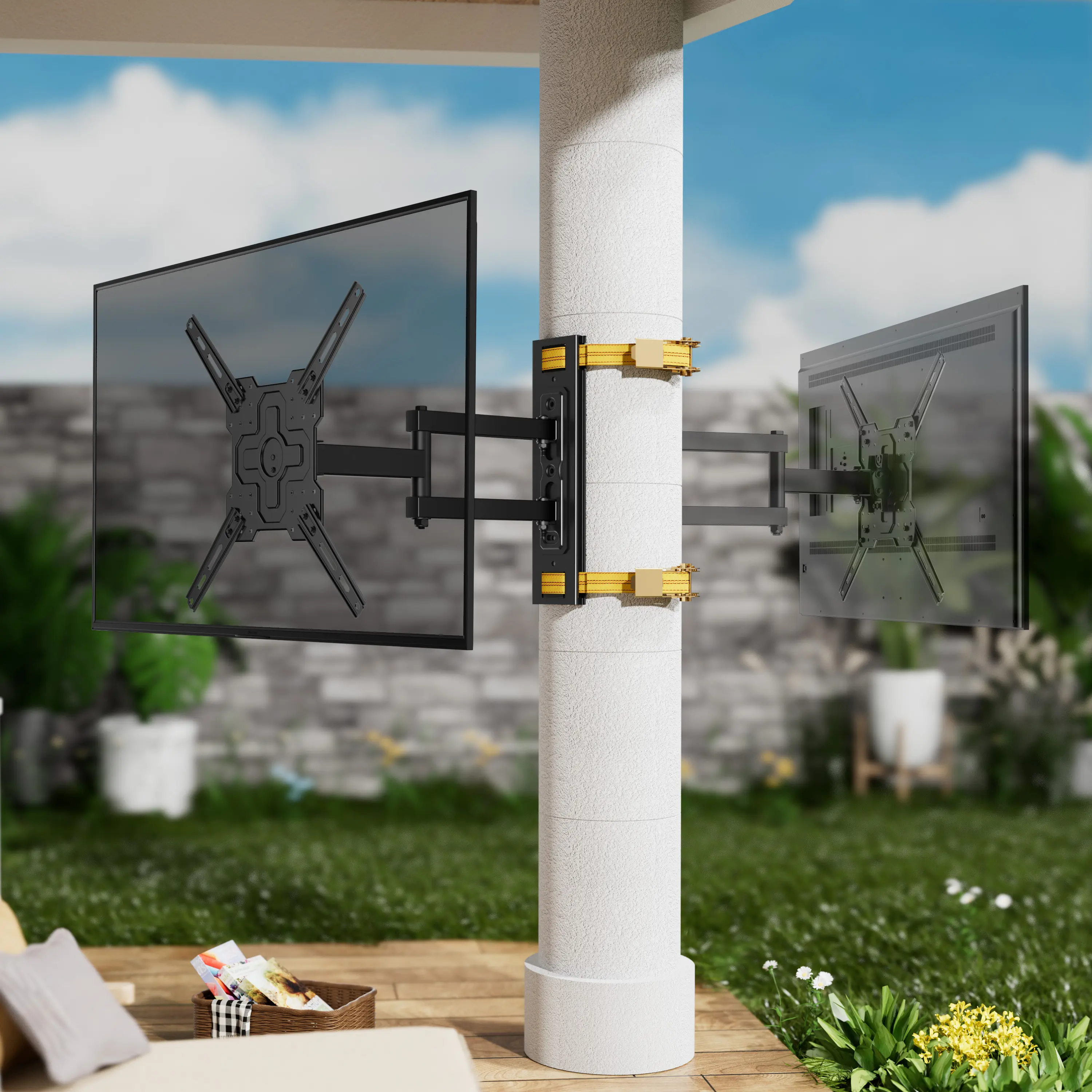FORGING MOUNT Weatherproof No-Drilling DIY Outdoor Flat Screen Television Wall Mount Bracket, TV Stand Compatible, Fully Adjustable, 88 lbs Load Capacity, 26-65 in Screen Fit, 40.7mm Extension Arm, 180° Rotation, Black, for Pavilions, Patios summerwins, S