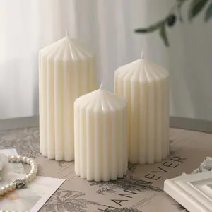 3 Pack White Ribbed Pillar Candles - Soy Wax Unscented, 2.76" x4.2/4.9/5.9 in Smokeless Non Toxic Cotton Wick, Aesthetic Modern Candles for Home Decor, Din