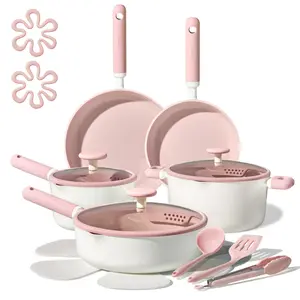 [Official] CAROTE 17pcs Pink Ceramic Cookware Set, Non Toxic Pure White/Pink Pots and Pans Set Nonstick, All Stovetops Compatible