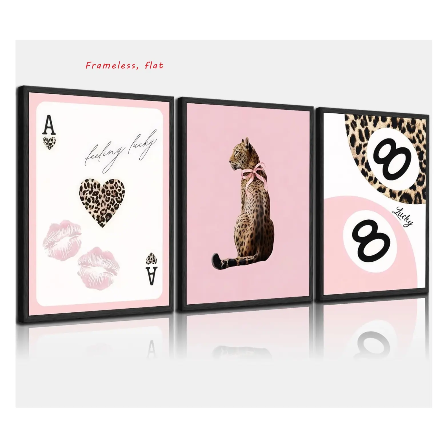 3-Piece Set, Decoration Items, Pink Leopard Print, Leopard Printed Poster, Wall Decor featuring leopard-print bows and preppy-style prints, frameless artwork in the “Lucky 8” style, perfect for girls' bedrooms, apartments