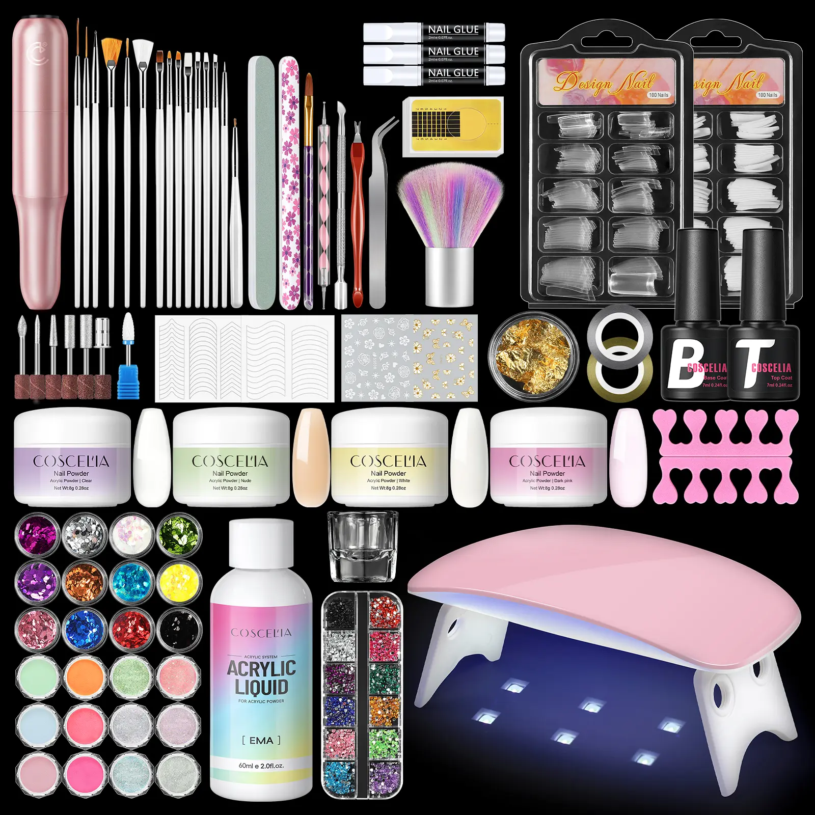 COSCELIA Acrylic Nail Kit for Beginners - UV Light, Drill, Base & Top Coat, Glitter Powders for DIY Manicures at Home Nail Care, Glitter Nails