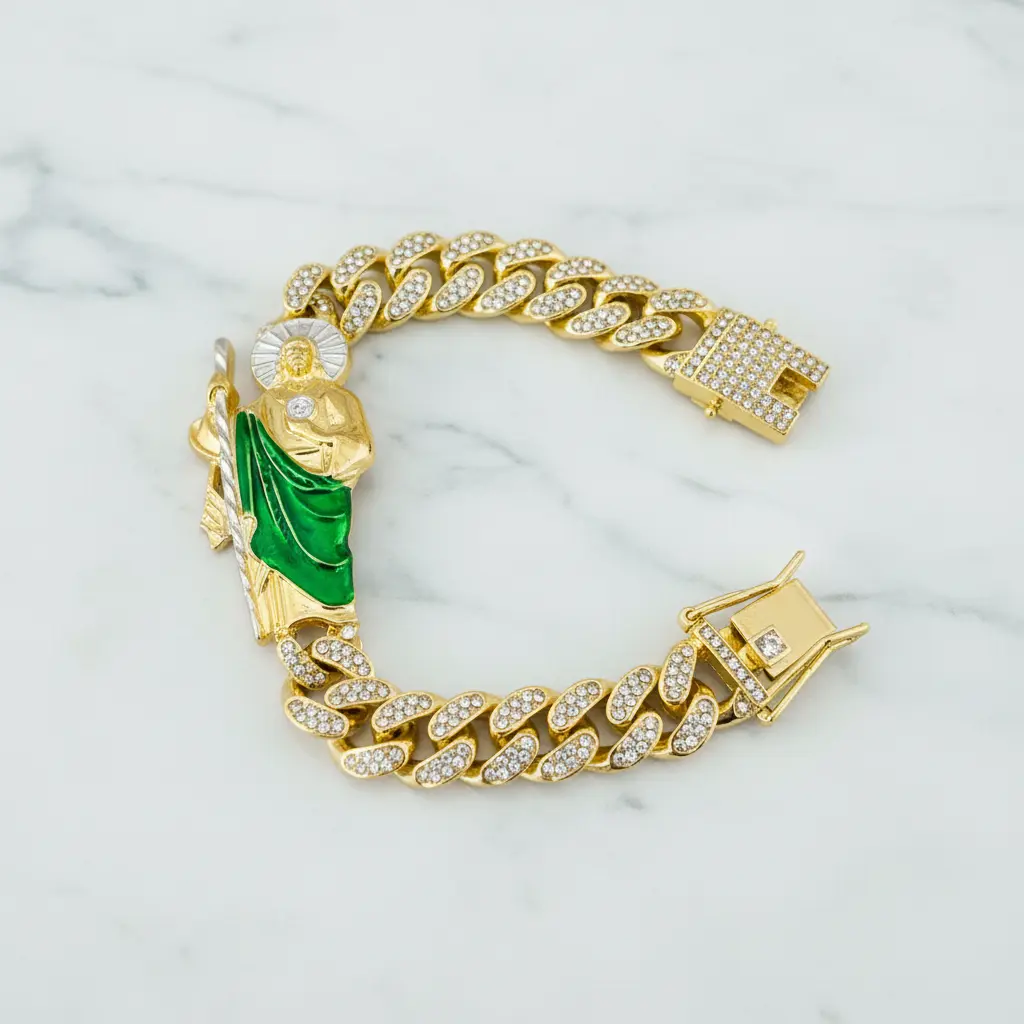 San Judas Tadeo Iced Out Cuban Link Bracelet - 14K Gold Plated Saint Jude Bracelet with Green Robe - Pulsera de San Judas Protection Jewelry for Men & Women