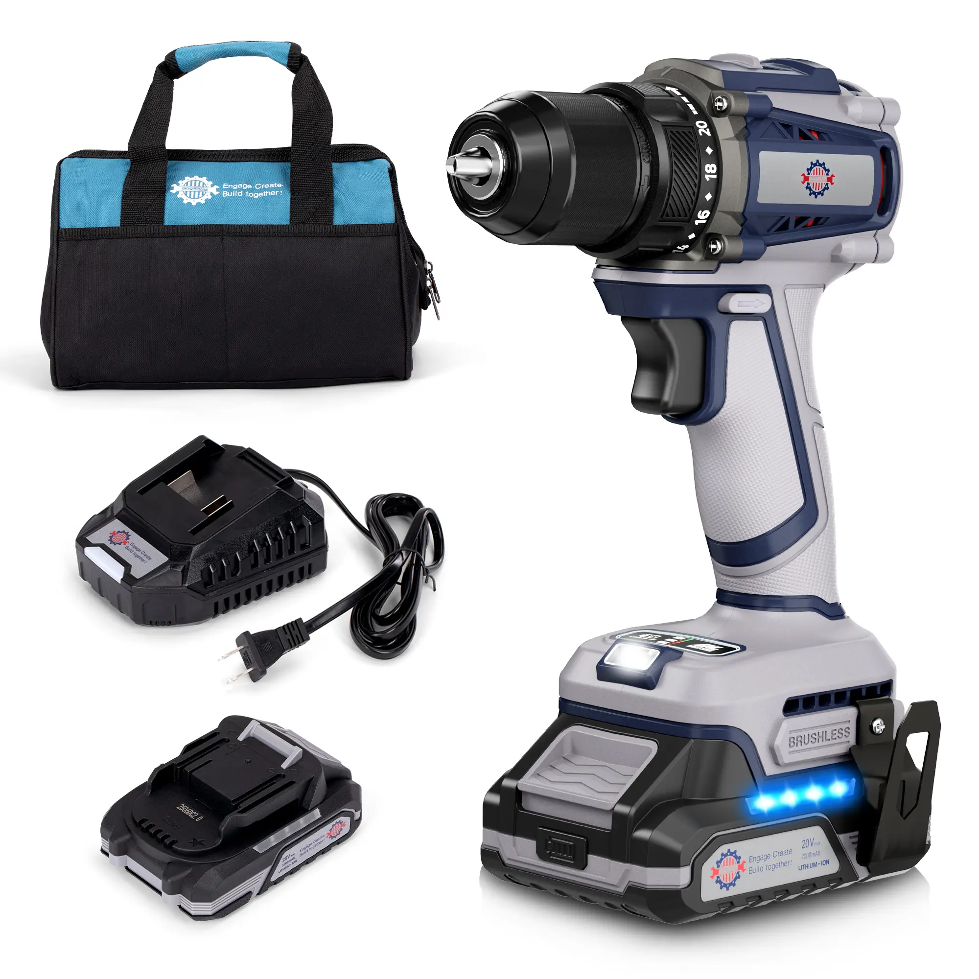 PHI VILLA 20V MAX Li-Ion Cordless drill drivers Drill Kit with Battery & Charger Variable Speed 20+ Drilling Speeds Gray Tool Set