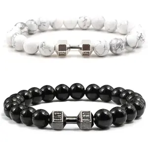 Traintough Dumbbell Bracelet Gym Bros Bracelet Volcanic Rock  Bead Bracelet for Men Women Fitness Yoga Barbell Bracelet, Stone Dumbbell Beads Bracelets Set Gym Bracelet Fitness Barbell
