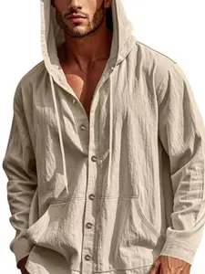 Men's loose solid color Plain simple casual long-sleeved shirt, fashionable hooded retro button pocket design, linen breathable and comfortable, school style, back-to-school season, daily wear, essential item for men's wardrobes Tops