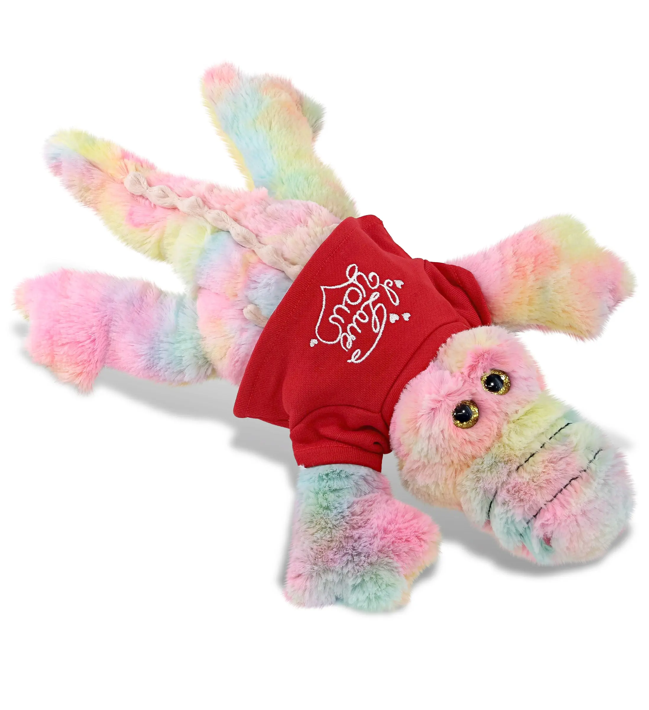 DOLLIBU 17lx11wx3.5h inches Large Rainbow Alligator Plush Stuffed Toy - Super-Soft, Adorned with Red 'I Love You' Shirt, Romantic Gift for Boyfriend, Suitable for Adults' Bedroom