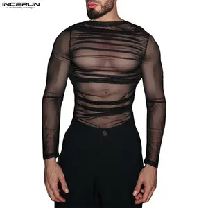 INCERUN Men's Stretchy Long Sleeve Grunge T-Shirt - Distressed, Breathable Mesh, See-Through, Vintage Look, Mens Streetwear Top for Rave Concert, Halloween, Grunge T-Shirts