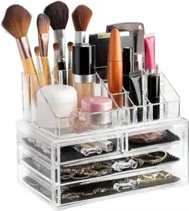 4 Drawer Acrylic Cosmetic Organizer – Clear Makeup Storage Box with 16 Compartment Top – Stackable, Dustproof, Easy Clean – For Home or Professional Use