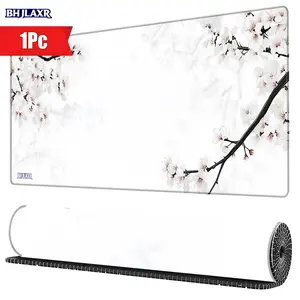 Minimalist White Cherry Blossom Branches Stitched Edge Non - Slip Gaming Mouse Pad, 15.7x35.4inch Office Desk Mat, Soft & Delicate Design, Ideal Gift for Gaming & Home Use, Perfect for Competitive Players, Cute Desk Accessories