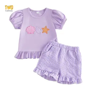 Toddler Baby Girl Summer Outfit Starfish Conch Seashell Embroidered Short Sleeve Tops and Plaid Shorts 2 Pcs Set