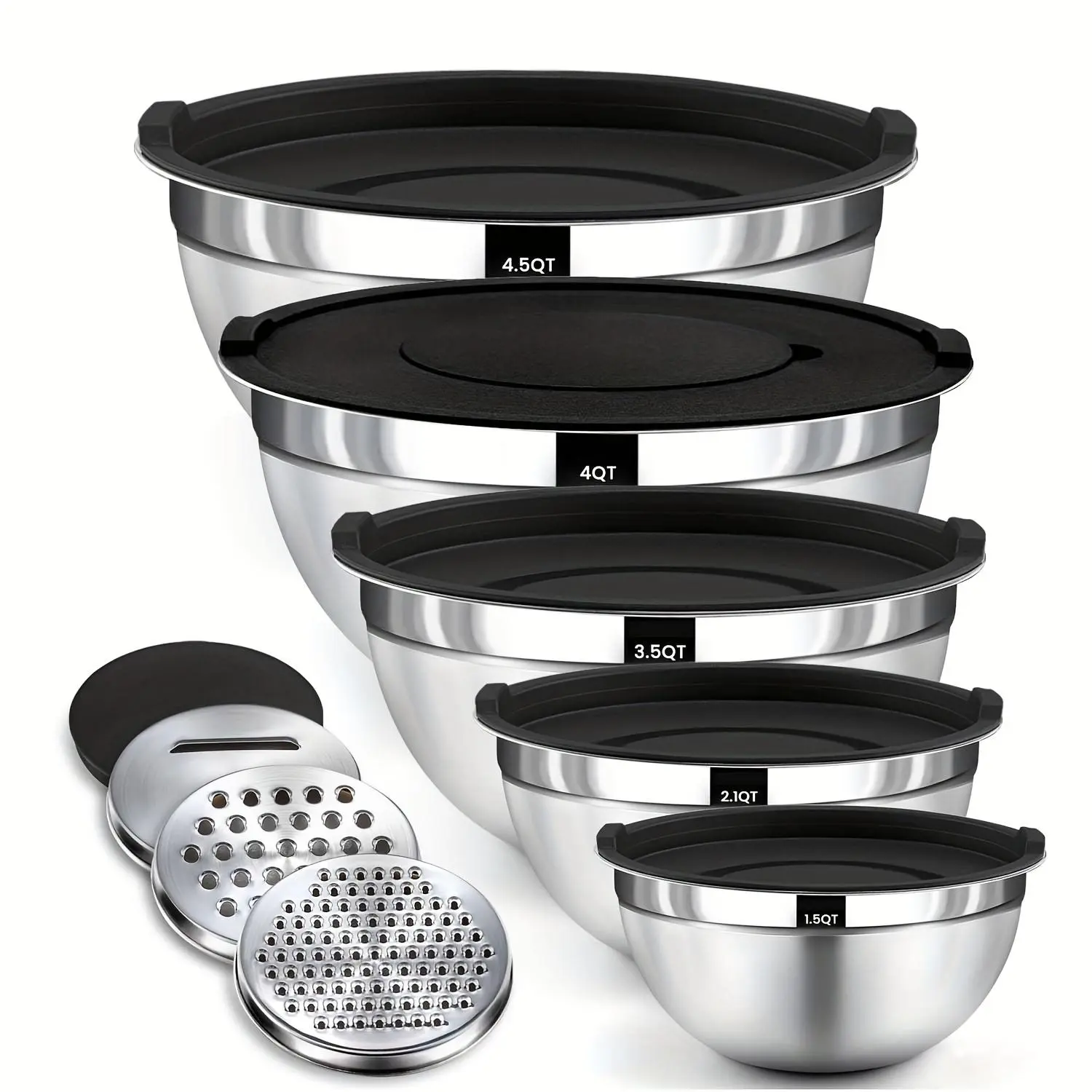 5 pcs Stainless Steel Mixing Bowls With Lids, 3 Grater Attachments, Stackable Mixing Bowls For Salad, Fruit, Pasta & Baking, Outdoor Safe, Round Shape, Novelty Kitchen Cooking Tools,Size 1.5/2.1/3.5/4/4.5 QT