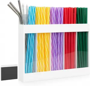 Straw Holder for Cabinet Door, Adhesive & Magnetic Straw Organizer with Clear Front, Slim Cabinet Straws Storage for Kitchen Pantry Cupboard Tumbler Accessories Inside Cabinetdoor Straws Dispenser