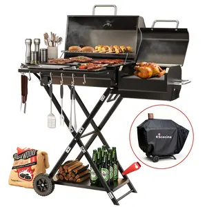 KScocina 2-in-1 Smoker Grill Combo, Portable Charcoal BBQ Grill with Wheels, Foldable Suitcase Design, Storage Rack and Waterproof Cover for Camping Grill, Outdoor Grill