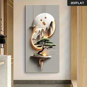 1Pcs Chinese Zen Landscape Canvas Wall Art Circular Frameless Painting for Living Room Mountain Scenery Home Decor Wall Art