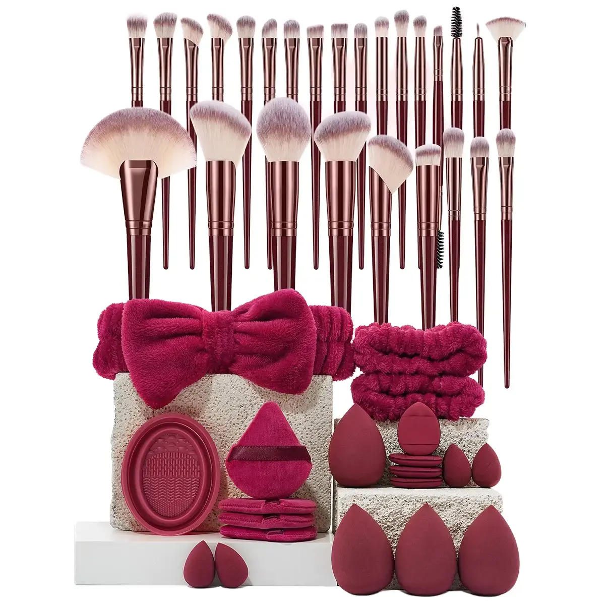 46PCS makeup brushes set, Makeup Brushes+Bow Headband+Beauty Sponges+Powder Puffs +Brush Cleaner Bowl Portable Cosmetic Set，Makeup Starter Kit for Beginners Travel Daily Makeup Gift for Women Teen Girls