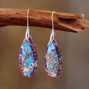 Natural Blue Purple Stone Drop Earrings Teardrop Dangle Earrings, Bohemia Droplet Earrings, Inner Peace Meditation Grounding Earrings Gift for her