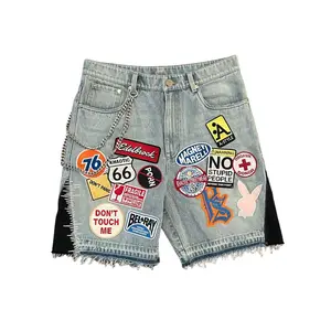 Men's Hip-hop Personalized Street Retro Embroidered Patch Denim Shorts, Loose Metal Decorated Men's Size 26 New Summer Denim Pants