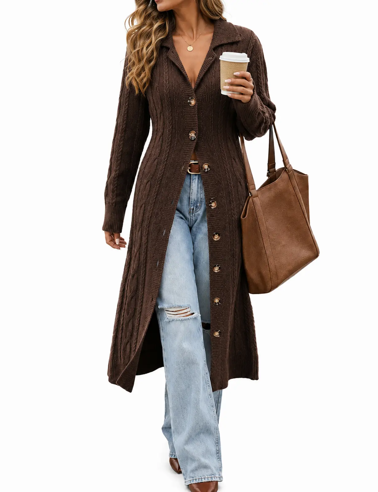 VIMPUNEC Women's Long Sleeve Basic Cardigan Tops for Women, Button-Front Midi Duster Coat with Collared Neck, Textured Cable Knit, Side Pockets, Chunky Soft Fitted Knitwear for Fall Dressy Casual Layering, Back to School