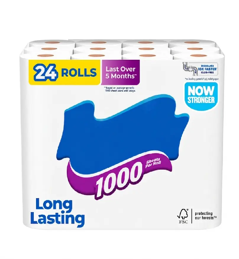 Ultra Plush 2-Ply Toilet Tissue, 24 Rolls with 1,000 Sheets Each, Soft Bathroom Paper for Family Restrooms, Daily Hygiene and Household Stock-Up