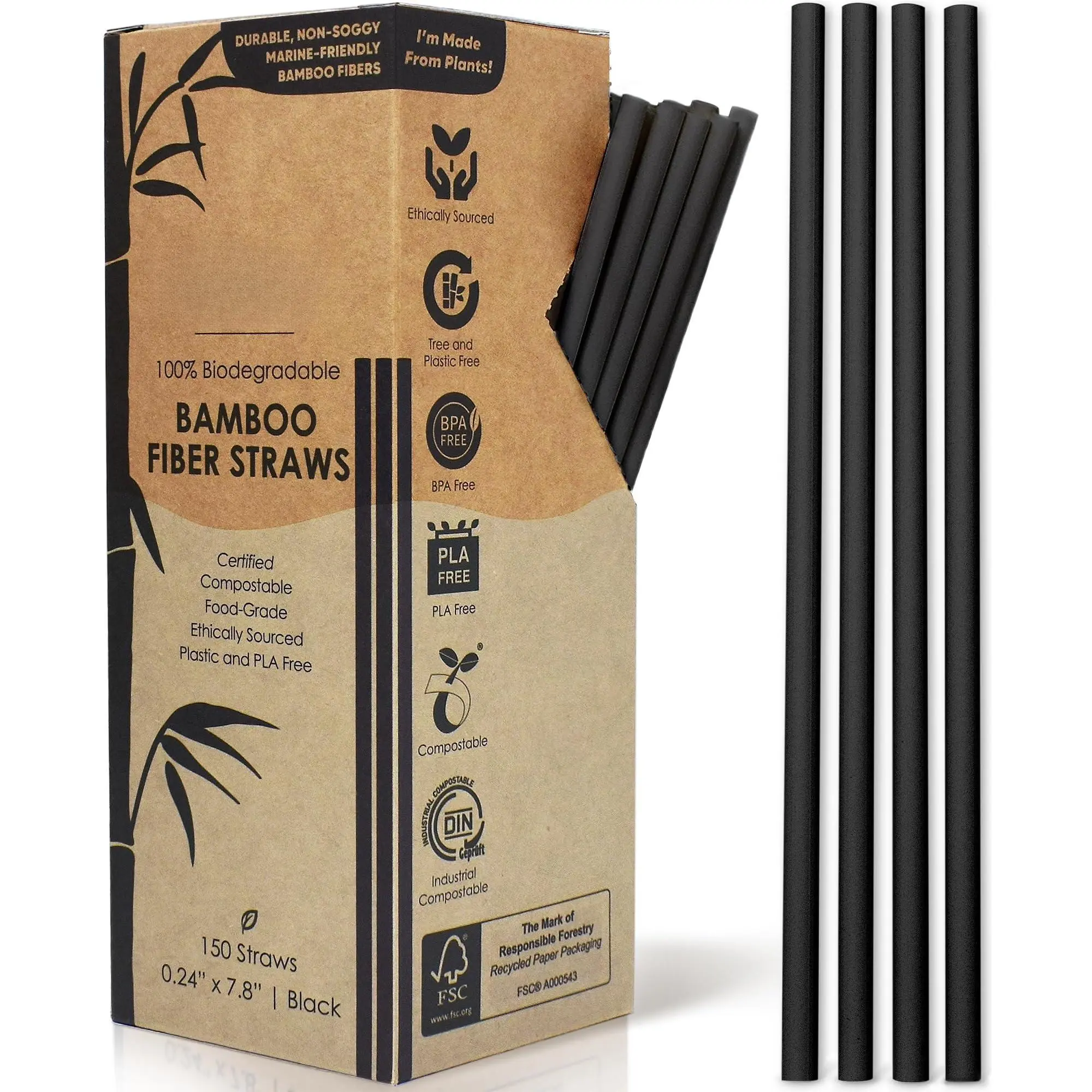 Black Biodegradable Fiber Straws - 150 Count  Compostable Plastic-free Drinking Straw 7.8'' Plant Disposable For