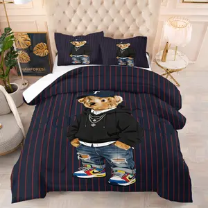 Teddy bear printed pattern Decorative bedding set, including 1 blanket and 1 or 2 pillowcases without pillowcases, soft children's or adult bedroom decoration gift