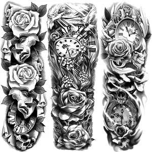 3 Pack Full Arm Temporary Tattoo Stickers, Realistic Waterproof Design, Rose, Dove, Skull, Clock Patterns, Party Tattoos for Men and Women