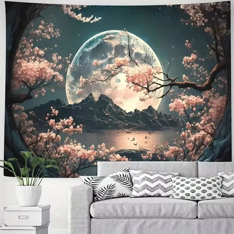 Quiet Cherry Blossom & Moon Tapestry, Lightweight Polyester Wall Hanging, Starry Sky & Mountain Scene, Floral Designs, Bedroom Living Room Dorm Decor, Starry Sky Pattern, Decoration