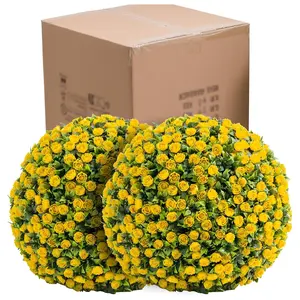 17in Round Maintenance-Free PE Plastic Outdoor Faux Rose Balls (Set of 2) - Hanging Outdoor Decor with Chains & Zip Ties, Yellow Decorative Flowers for Pot, Table