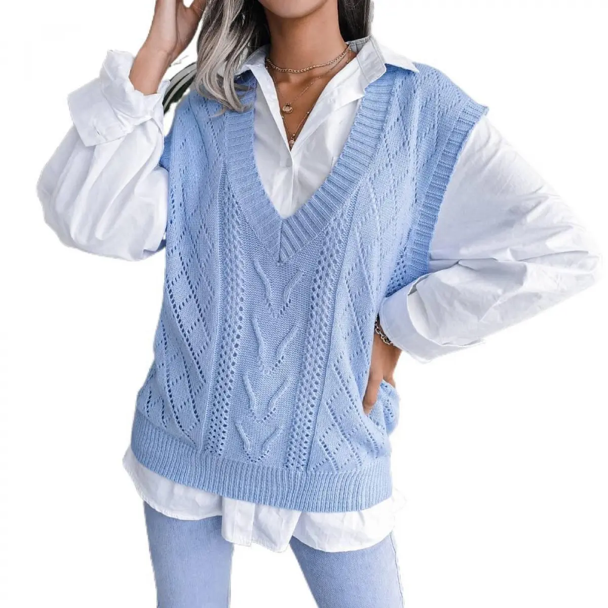 Chunky Sweater Vest for Women, Plus Size V-Neck Cable Knit Pullover, Oversized Lightweight Wool Blend Streetwear Top, Knitting, Solid, Loose-Fitting