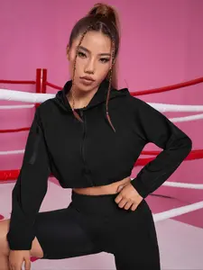 Women's Solid Color Hooded Lightweight Sports Jacket, Casual Long Sleeve Zip Up Outerwear for Gym Workout Running, Ladies Sportswear Athletic Jackets for All Seasons
