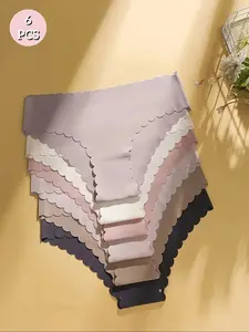 6 Pcs Seamless Women's Underwear Set Panties, Soft Stylish Brief, Breathable Stretch Panties, Breathable Smooth Quick-Dry Nylon Blend, Wave Edge Design, Comfort Elasticity, Ideal for Yoga Fitness Dance