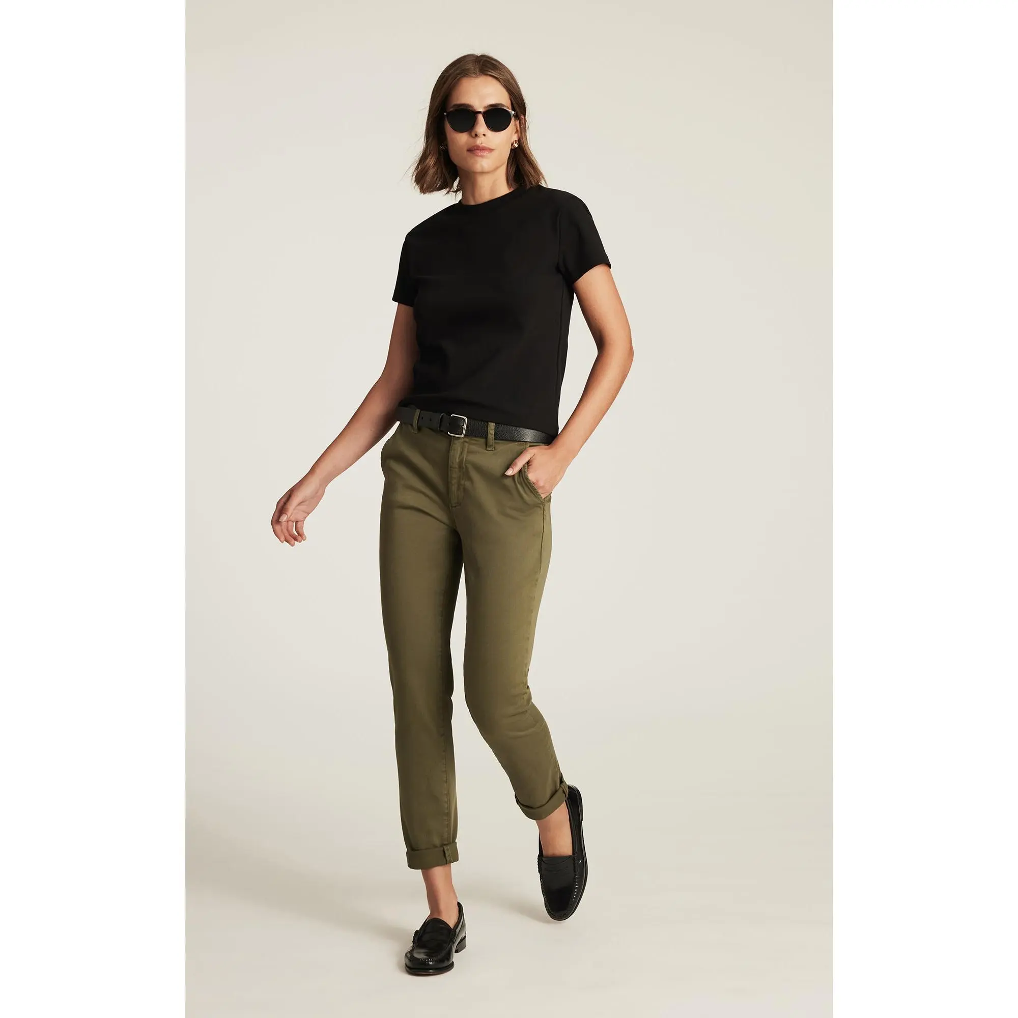 Women's Mid-Waist Slim-Fitting Boyfriend Chinos - Dark Olive High Stretch Cotton, Casual Long Tapered Cuffed Hem, Slouched Cut, All-Seasons Comfortable Bottoms Pants