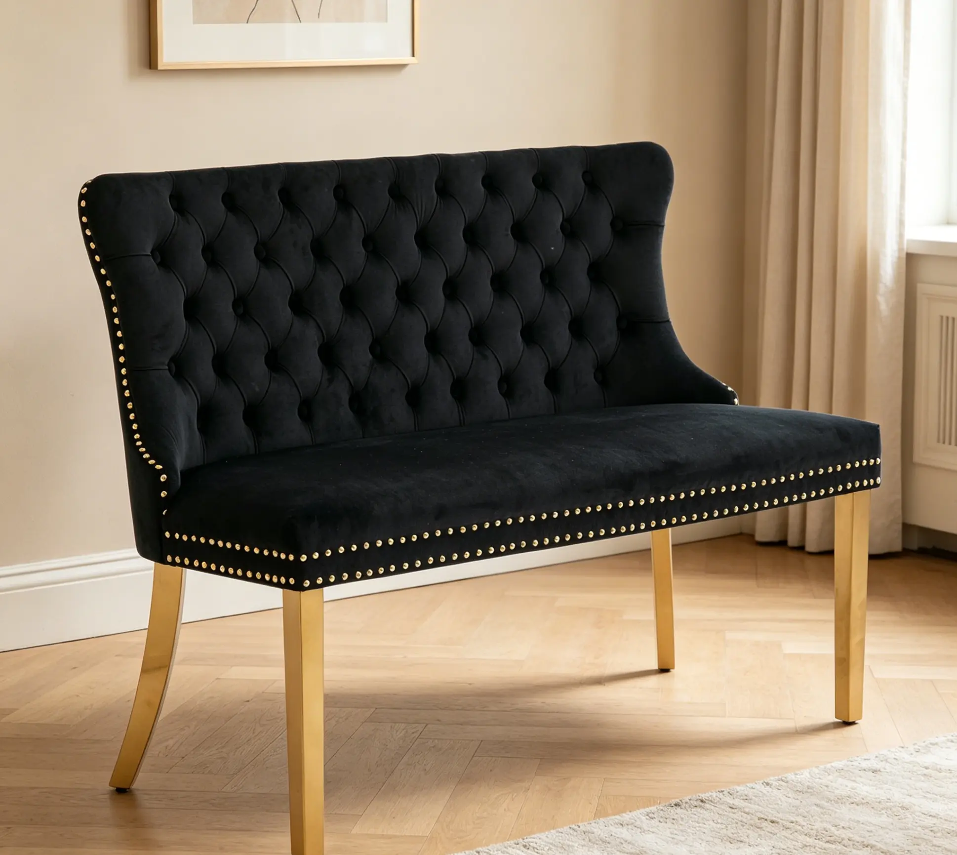 Mid-Century 2-Seat Armless Stainless Steel Tufted Loveseat Bench - 47 Handmade Buttons, Folded Edge Tufting, Gold-Plated Legs, Comfortable Velvet Upholstery for Kitchens