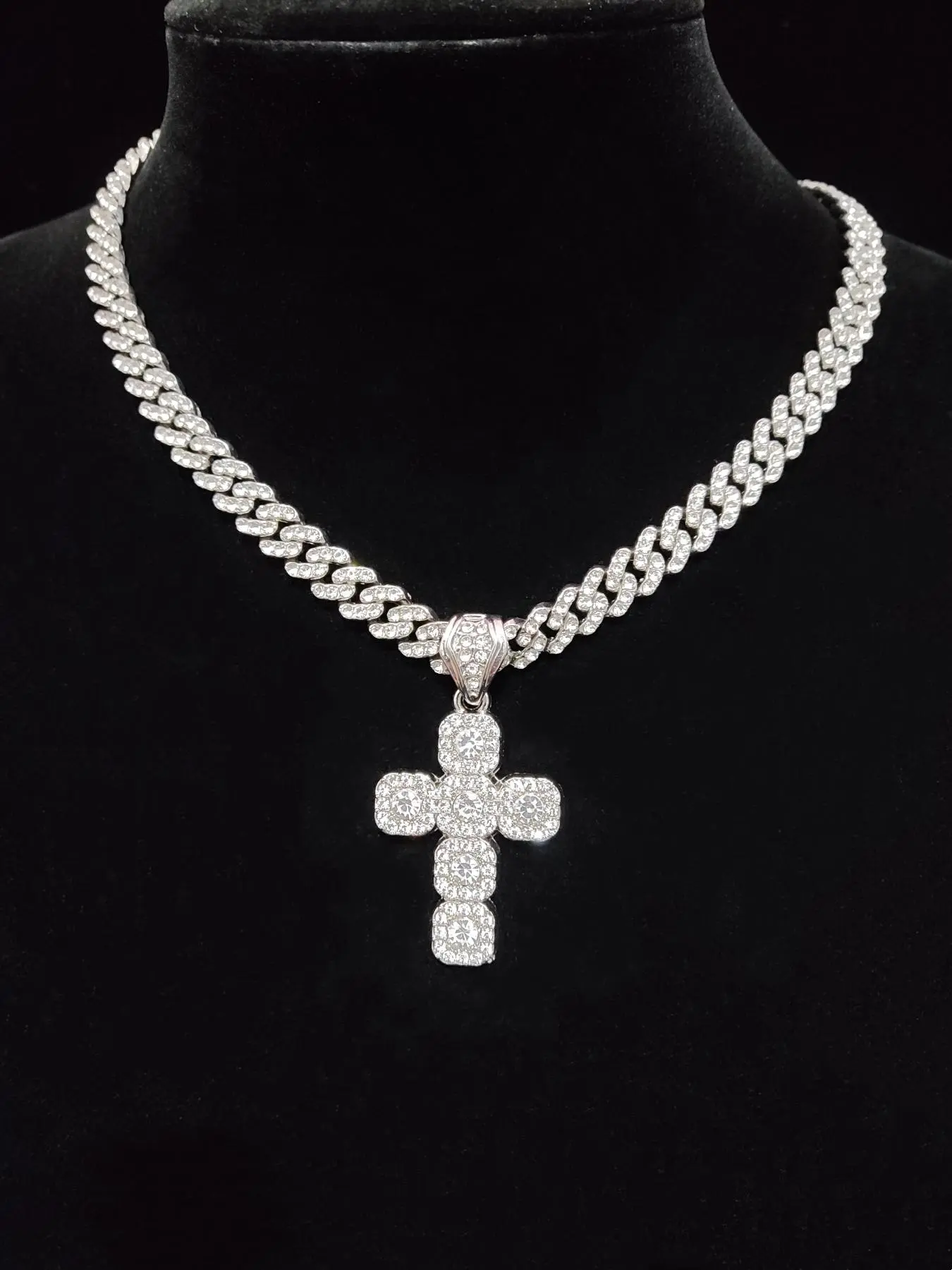 Fashion Cross Design Pendant Fully Rhinestone-Decorated Cuban Chain Necklace, Unisex Casual Jewelry for Party and Daily Wear
